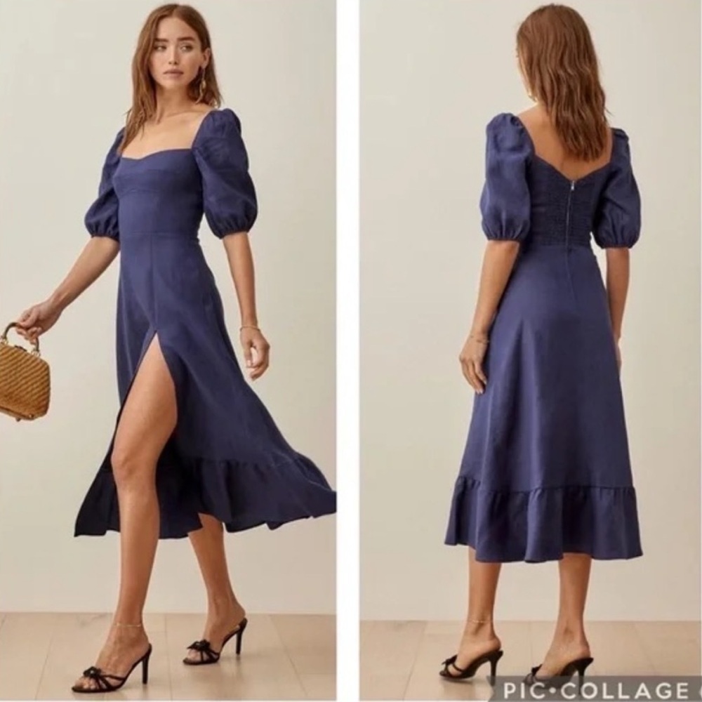 Reformation Belgium Linen Puff Sleeve Smocked Dress in Danube Blue Size 6